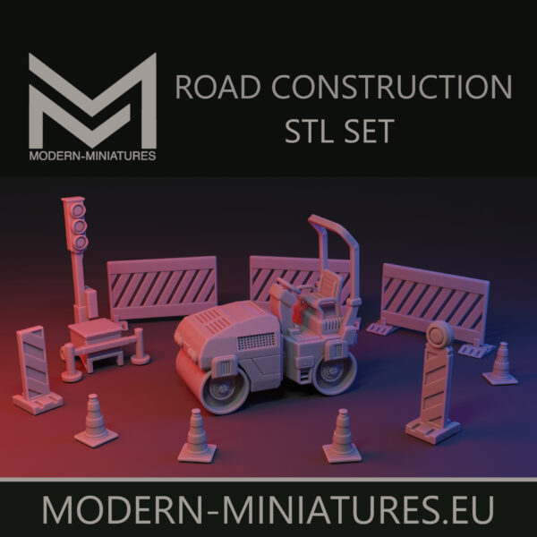 Road construction site, Asphalt roller, traffic light, fence [Digital]